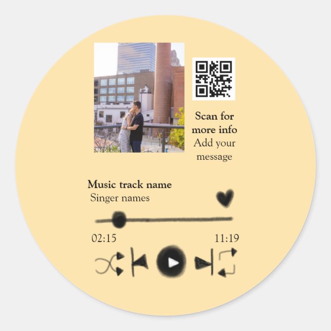 Music player personalised couple love q r code tex classic round sticker (Front)