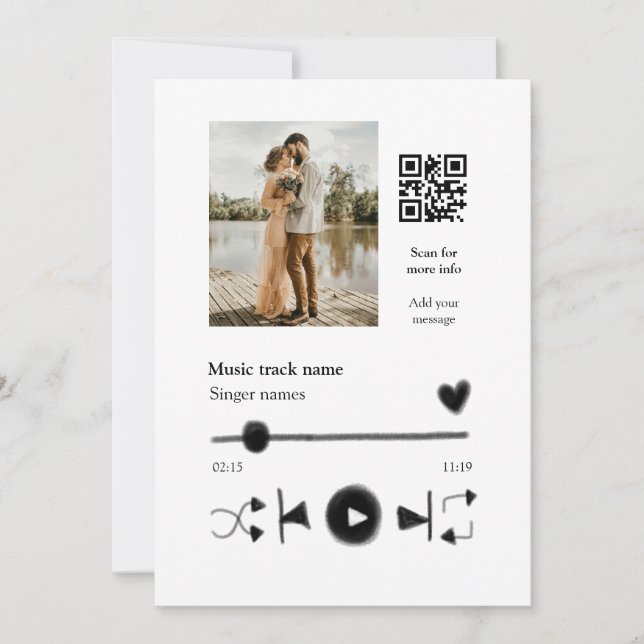Music player personalised couple love q r code tex invitation (Front)
