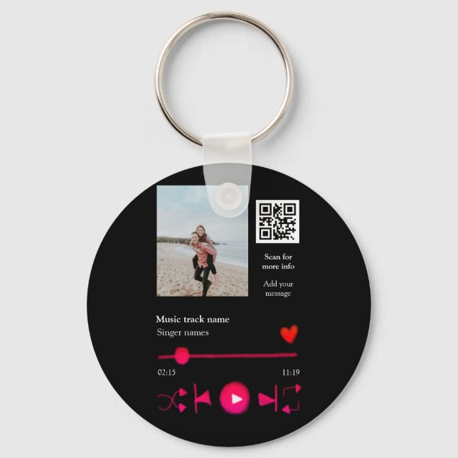 Music player personalised couple love q r code tex key ring (Front)