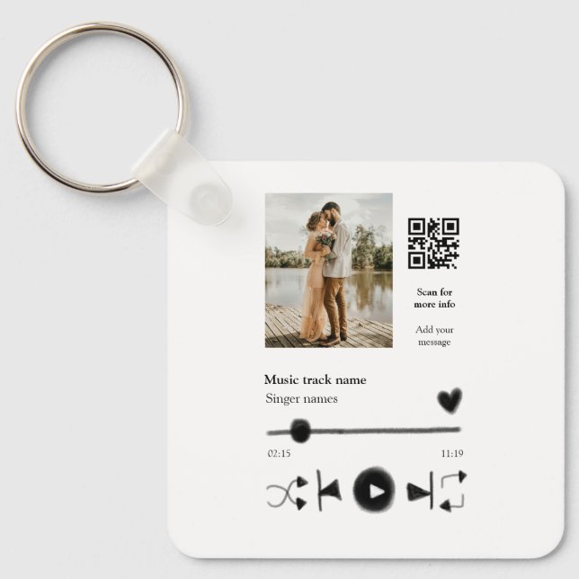 Music player personalised couple love q r code tex key ring (Front)