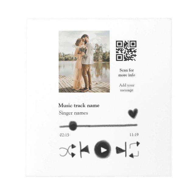 Music player personalised couple love q r code tex notepad (Front)