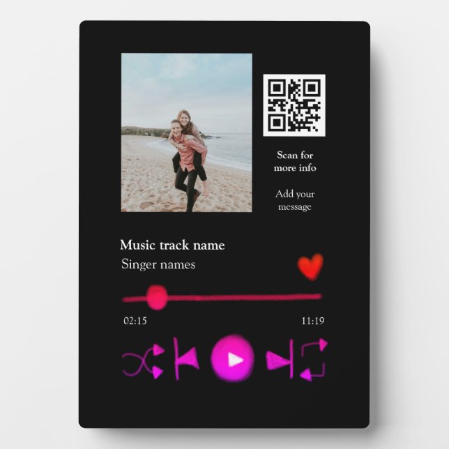 Music player personalised couple love q r code tex plaque (Front)