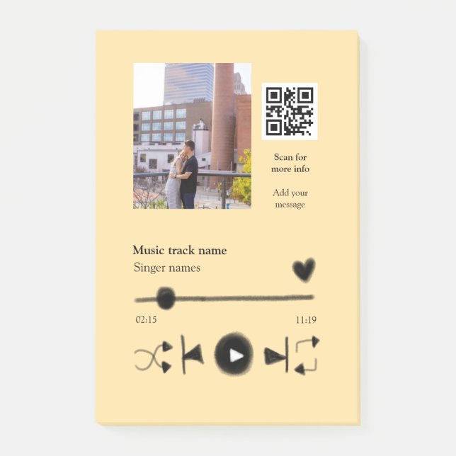 Music player personalised couple love q r code tex post-it notes (Front)