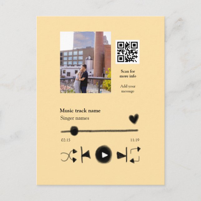 Music player personalised couple love q r code tex postcard (Front)