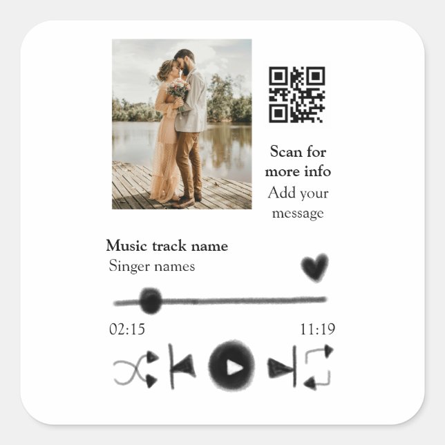Music player personalised couple love q r code tex square sticker (Front)