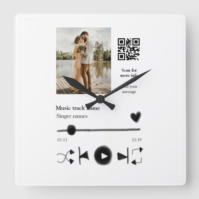 Music player personalised couple love q r code tex square wall clock (Front)