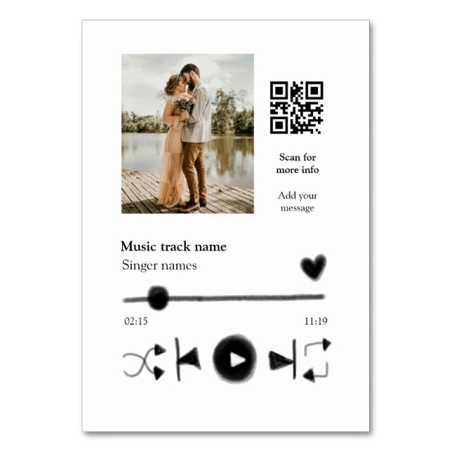 Music player personalised couple love q r code tex table number (Front)