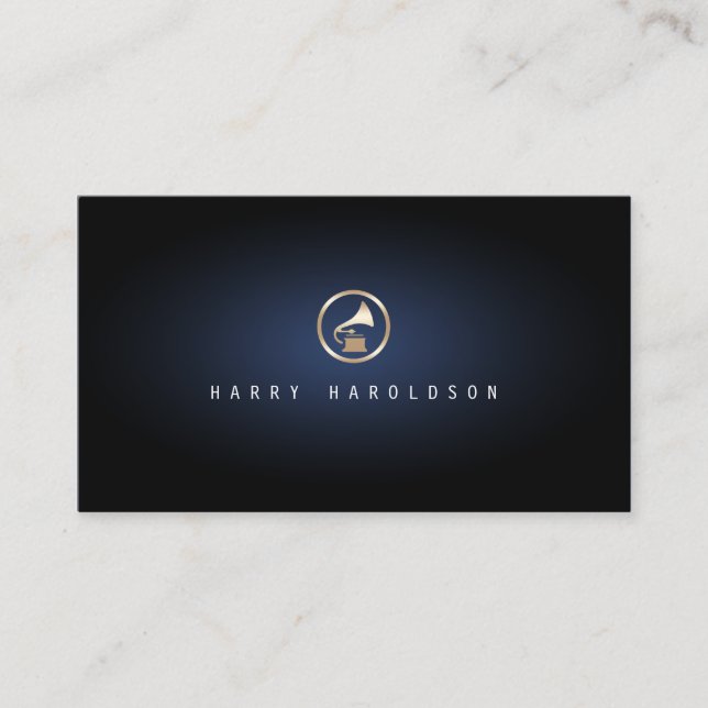 Music Producer Gramophone Icon Blue Glow Music Business Card (Front)