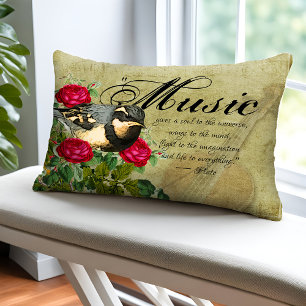 Music Quote Thrush Bird Red Flowers Vintage Violin Decorative Cushion