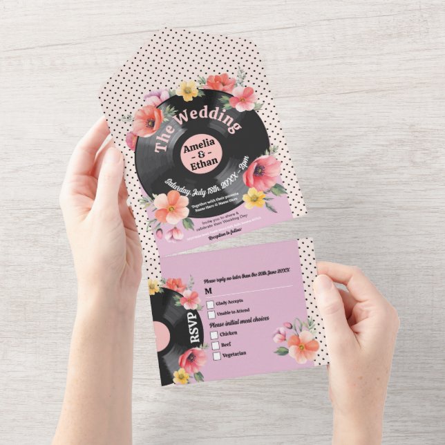 Music Record Wedding Floral 1950s Flowers  All In One Invitation (Tearaway)