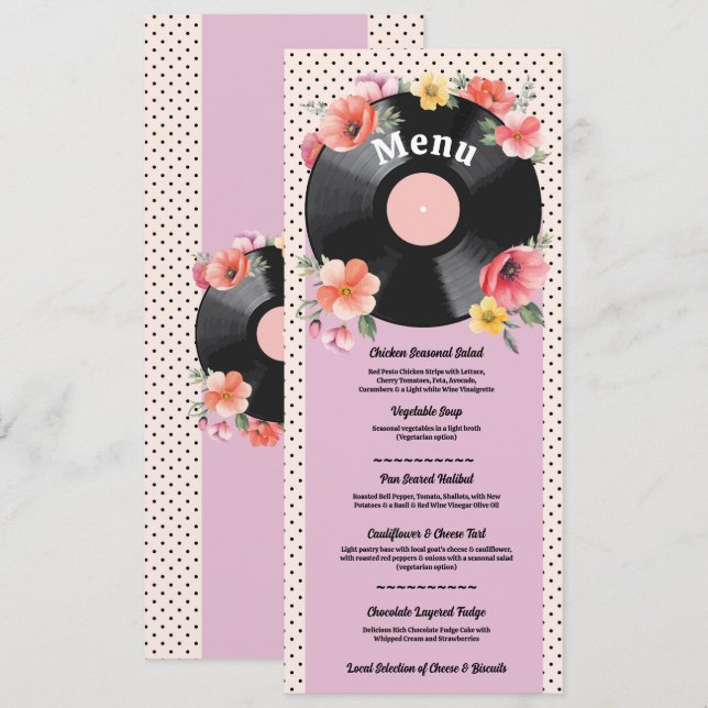 Music Record Wedding Floral 1950s Menu (Front/Back)
