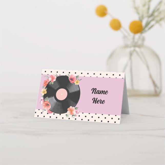 Music Record Wedding Floral 1950s Name Cards (Front)