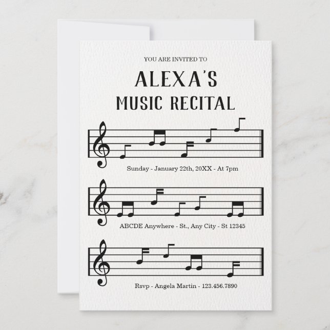 Music sheet notes recital concert invitation (Front)