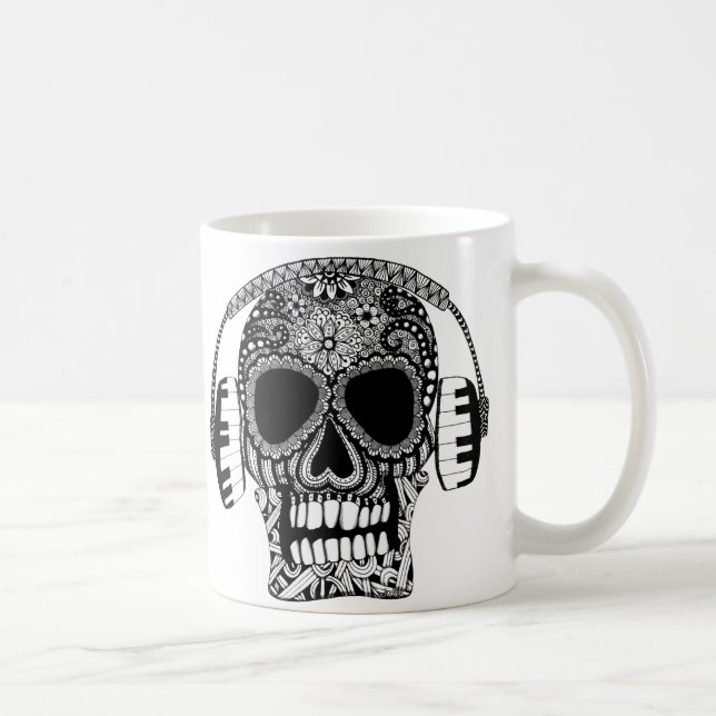 Music Skull with Headphones Sugar Skull Coffee Mug (Right)