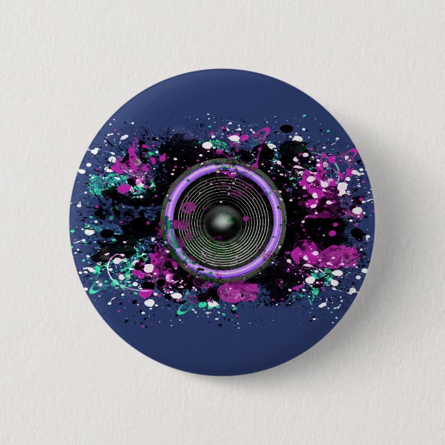 Music speaker and splattered paint 6 cm round badge (Front)
