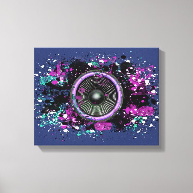 Music speaker and splattered paint canvas print (Front)