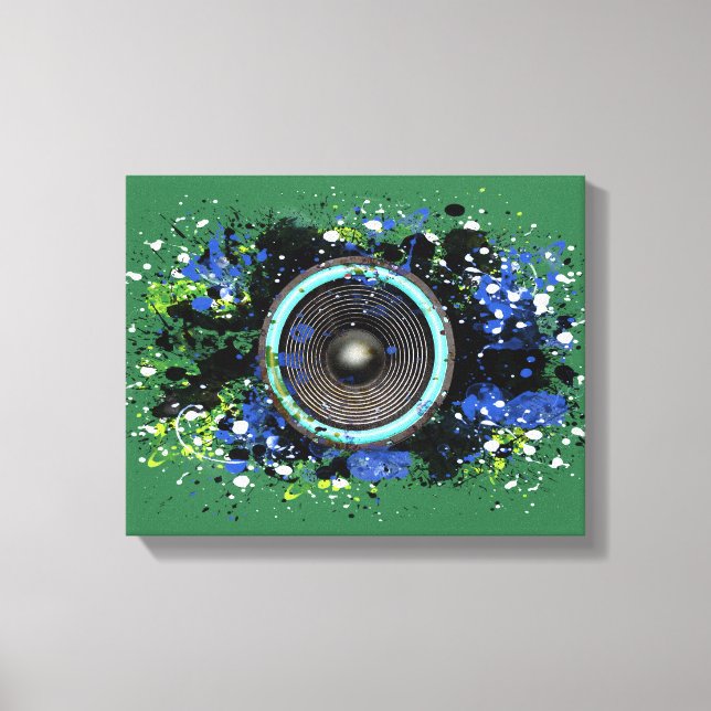 Music speaker and splattered paint canvas print (Front)
