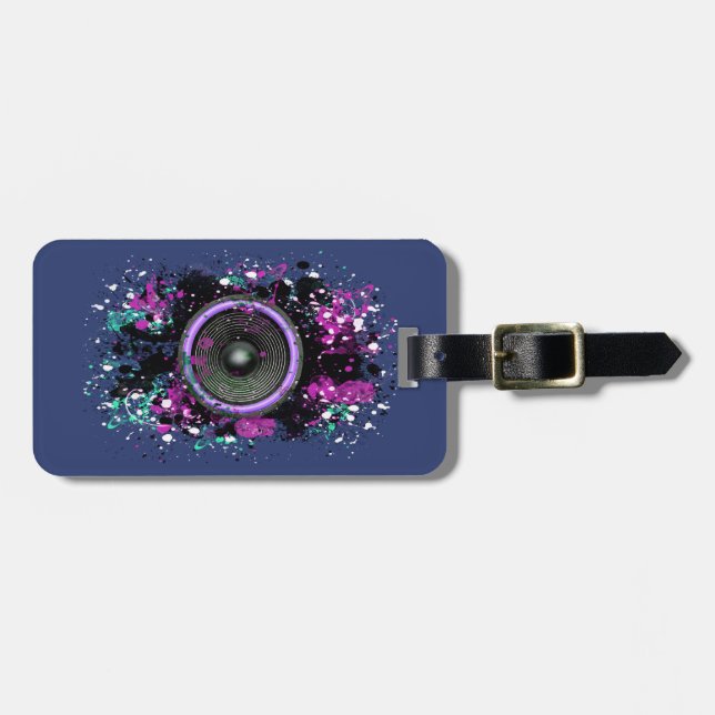 Music speaker and splattered paint luggage tag (Front Horizontal)