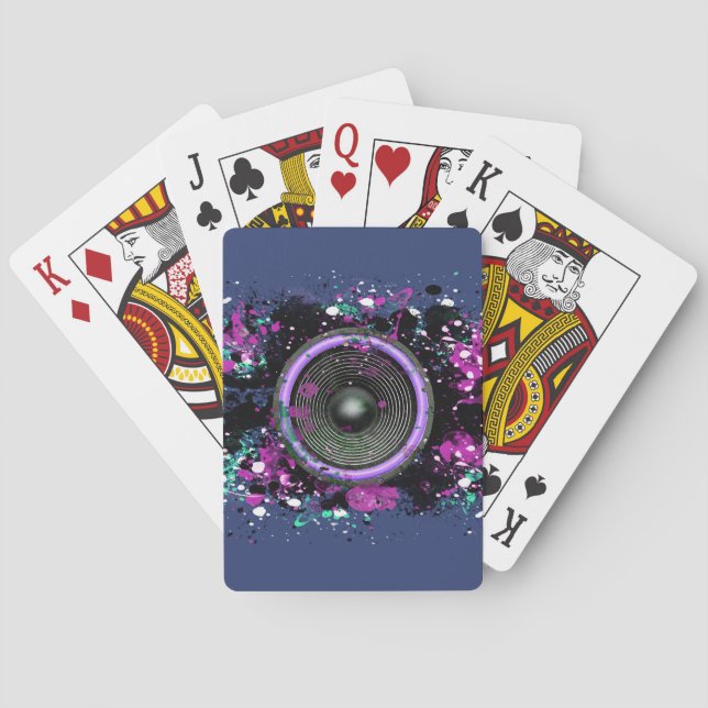 Music speaker and splattered paint playing cards (Back)