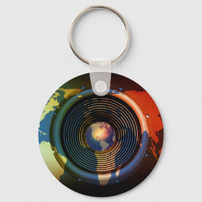Music speaker on a world map key ring (Front)