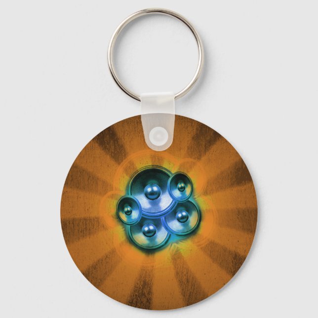 Music speakers and orange sunburst key ring (Front)