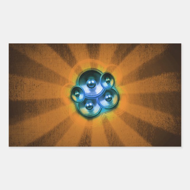 Music speakers and orange sunburst rectangular sticker (Front)