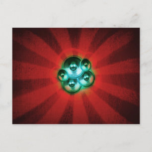 Music speakers and red sunburst postcard