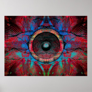 Music speakers on a cracked wall poster