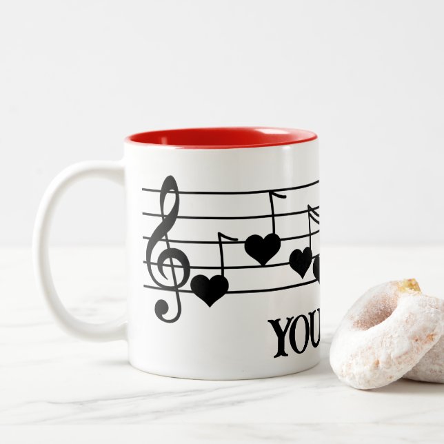 Music Staff with Black Heart Notes Customised Two-Tone Coffee Mug (With Donut)