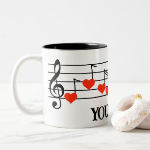 Music Staff with Red Heart Notes Customized Two-Tone Coffee Mug