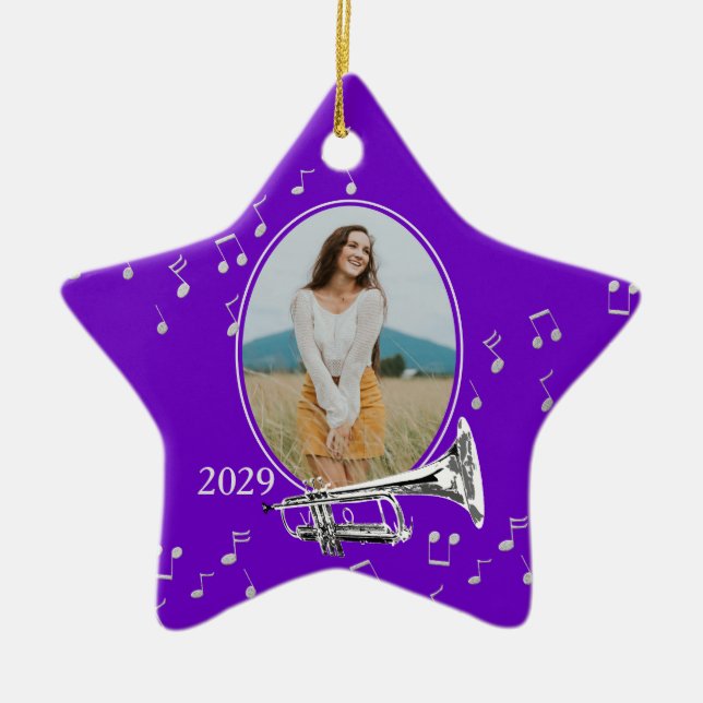 Music Star Purple with Trumpet Ceramic Tree Decoration (Front)