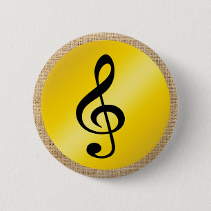 Music Symbol Clef Notes in Burlap Gold Black 6 Cm Round Badge