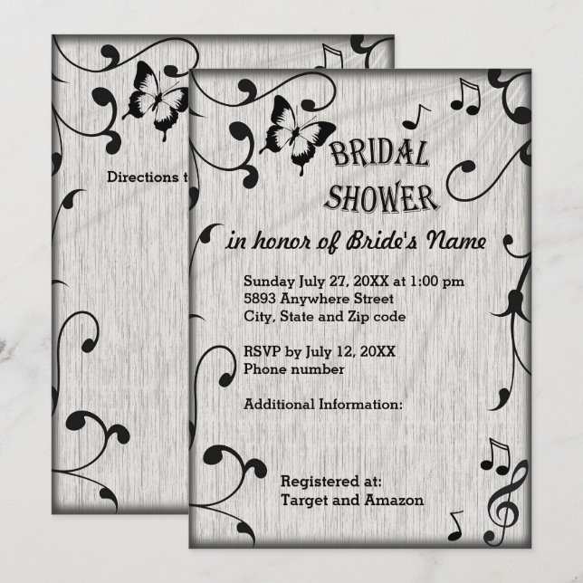 Music Symbols, Leaves, Grey Bridal Shower invite (Front/Back)