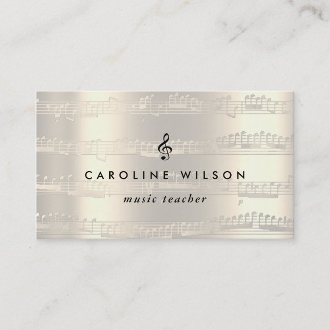 music teacher black treble clef on faux metal business card (Front)