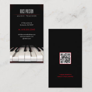 Music Teacher Black White Piano Business Card