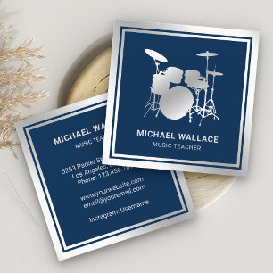 Music Teacher Blue Silver Foil Drum Kit Drummer Square Business Card