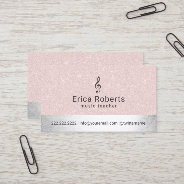 Music Teacher Blush Pink & Silver Musical Business Card (Front/Back In Situ)