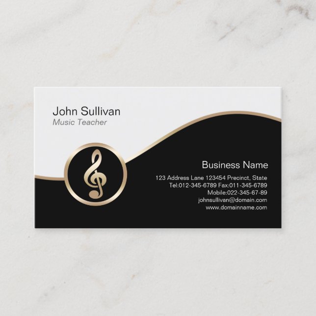 Music Teacher Business Card Gold Treble Clef Icon (Front)