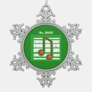 Music Teacher Christmas, Notes on Green Snowflake Pewter Christmas Ornament