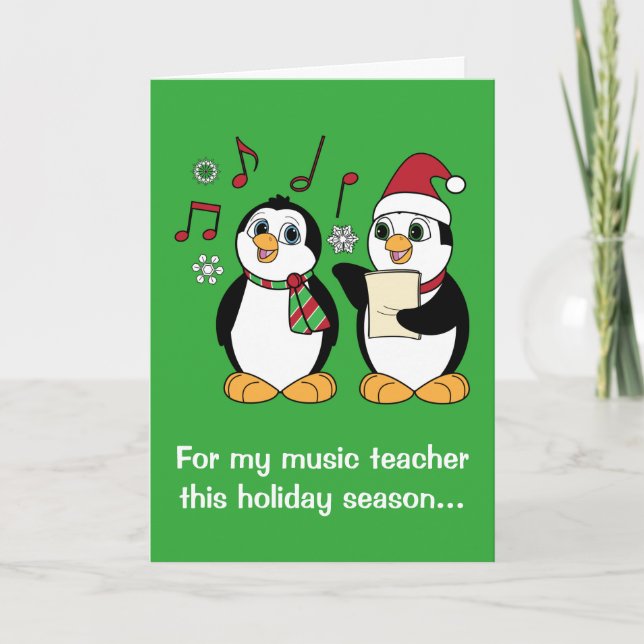 Music Teacher: Christmas Penguins Caroling Holiday Card (Front)
