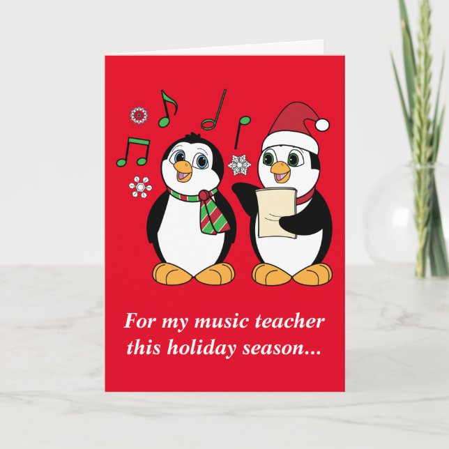 Music Teacher: Christmas Penguins Caroling Holiday Card (Front)