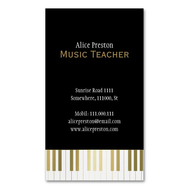 Music Teacher | Elegant Black Golden Piano Magnetic Business Card (Front Vertical)
