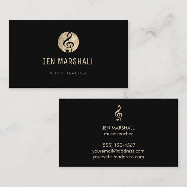 music teacher elegant gold treble clef on black business card (Front/Back)