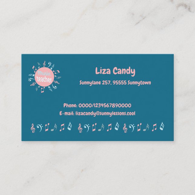 Music teacher elegant notes blue background calling card (Front)