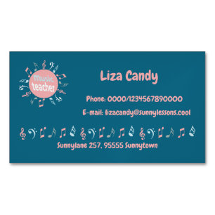 Music teacher elegant notes blue background Magnetic business card