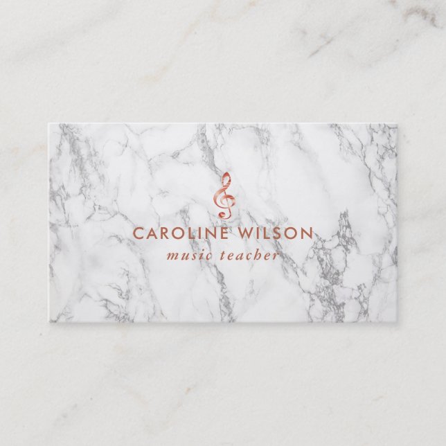 music teacher elegant rose gold clef on marble business card (Front)