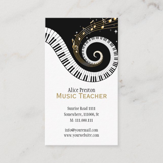 Music Teacher | Elegant Spiral Clack White Piano Business Card (Front)