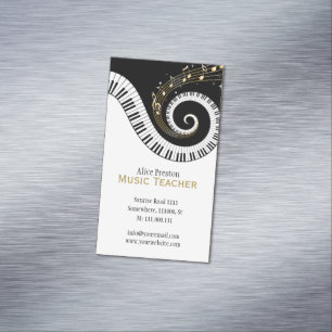 Music Teacher   Elegant Spiral Clack White Piano Magnetic Business Card