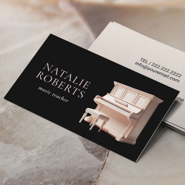 Music Teacher Elegant White Piano Black Musical  Business Card (Creator Uploaded)