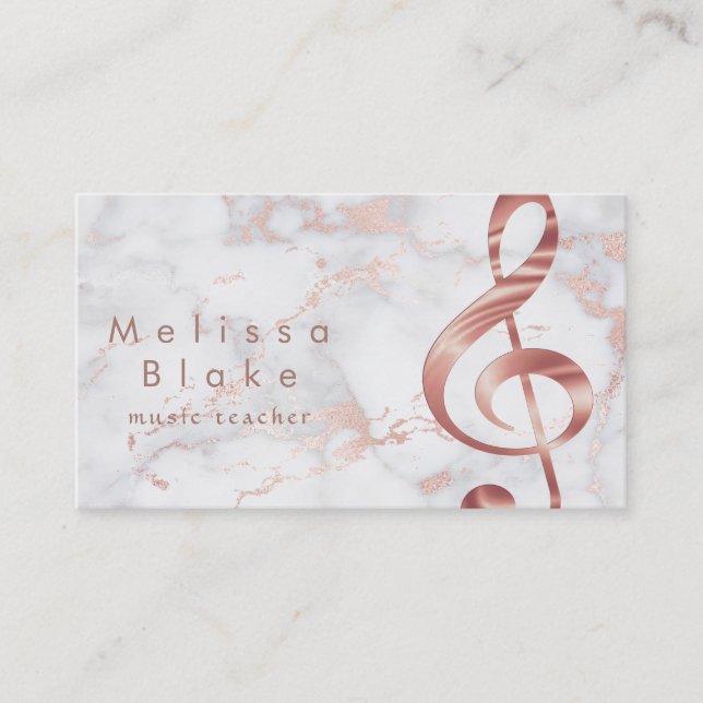 music teacher faux rose gold treble on marble business card (Front)